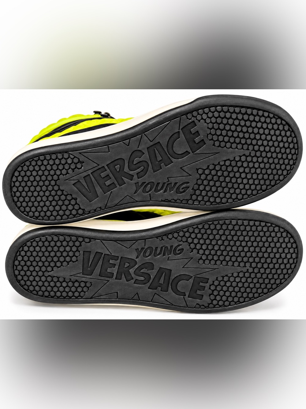 Versace Young Black Leather High-Top Sneakers with Neon Yellow Laces - Picture 9 of 9